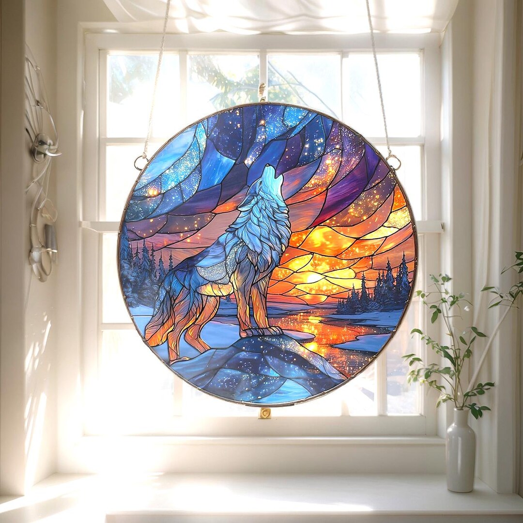 Window Howling Howling Wolf Faux Stained Glass Suncatcher – Sunset Forest Window ...