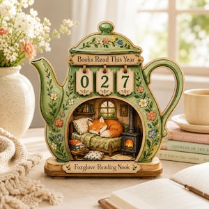 Könnte beinhalten: Ein grüner, teekannenförmiger Bücherzähler mit dem Text "Books Read This Year" und der Zahl "027". Die Teekanne hat florale Details und eine kleine Fuchsfigur, die darin schläft. Auf dem Sockel steht "Foxglove Reading Nook".