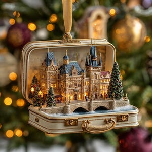 Peut inclure: Une décoration en forme de valise crème contenant une scène de château miniature illuminée avec des toits bleu foncé, un pont en pierre et des petits sapins. L'intérieur présente des lumières chaudes, des détails architecturaux et un ruban doré.