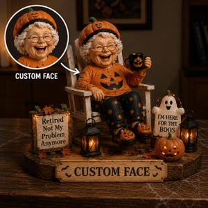 Personalisierte Halloween-Oma-Figur, individuelles Gesicht, Deko-Artikel aus dem Sortiment, Kürbisfeld-Statue