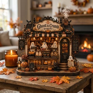 Op de afbeelding: Een miniatuur Ghost & Crumb Bakery met drie spookfiguren, een zwarte kat en pompoenen. Het bouwwerk heeft een bord met de tekst Ghost & Crumb Bakery, een schoorsteen met rook, binnenverlichting en is versierd met herfstbladeren.