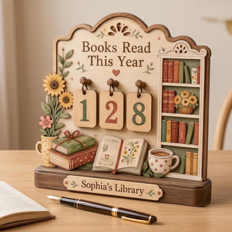 May include: Wooden bookshelf-themed desk organizer with the text "Books Read This Year" and the number "128". Includes a miniature bookshelf, books, sunflowers, and a coffee cup. The base reads "Sophia's Library".