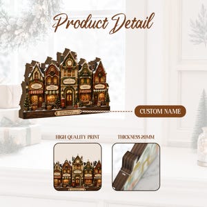 May include: A wooden Christmas village display featuring multiple storefronts with illuminated windows, a central clock tower, and a red mailbox. The base includes the text "MAKING MEMORIES ONE CHRISTMAS AT A TIME" and a custom name area. It has a 20mm thickness.