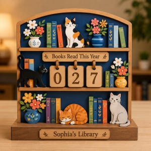 Peut inclure: Une étagère décorative en bois à trois niveaux avec des livres colorés, des fleurs en pot et des chats. L'étagère centrale porte l'inscription Books Read This Year avec des chiffres 027. La base indique Sophia's Library.