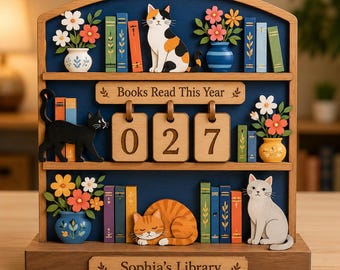 Personalized Wooden Cat Book Tracker Shelf – Cottagecore Reading Log Display, Book Lover Gift