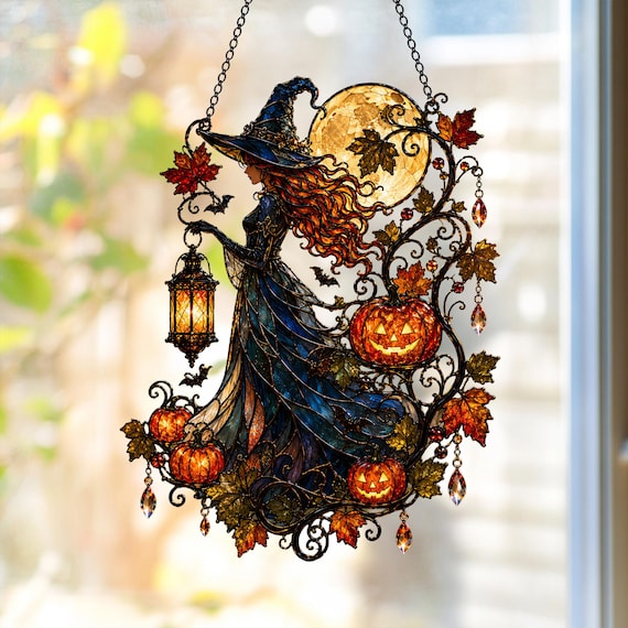 Mystical Witch Suncatcher: Acrylic Halloween Window Hanging Decor (4-12 Inch)