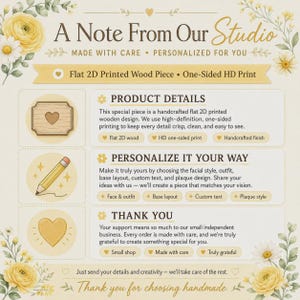 May include: An informational graphic titled A Note From Our Studio featuring yellow floral accents. It details a flat 2D printed wood piece with one-sided HD printing, customization options for facial style, outfit, and text, and a thank you message.