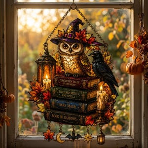 May include: A stained glass suncatcher featuring an owl in a purple hat perched on a stack of books titled Forgotten Tales of the Night, Enchantments and Spells, Dark Magic, and Book of Shadows, with a black crow, candles, and autumn leaves.