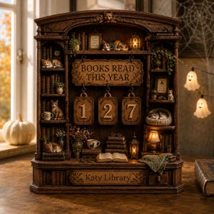 Peut inclure: Une étagère décorative en bois brun foncé avec le texte BOOKS READ THIS YEAR et Katy Library. Elle comprend trois plaques numérotées suspendues affichant 127, des figurines de chats, des livres empilés, des lampes et de la verdure.