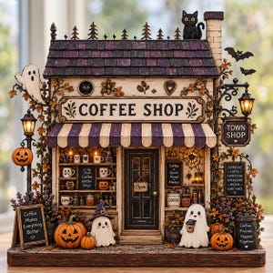 Könnte beinhalten: Eine Miniatur-Kaffeehaus-Figur im Halloween-Design mit lila-weiß gestreifter Markise, einer schwarzen Katze auf dem Dach, Geistern, Kürbissen und Schildern mit der Aufschrift Coffee Shop, Town Shop und Coffee Makes Everything Better.