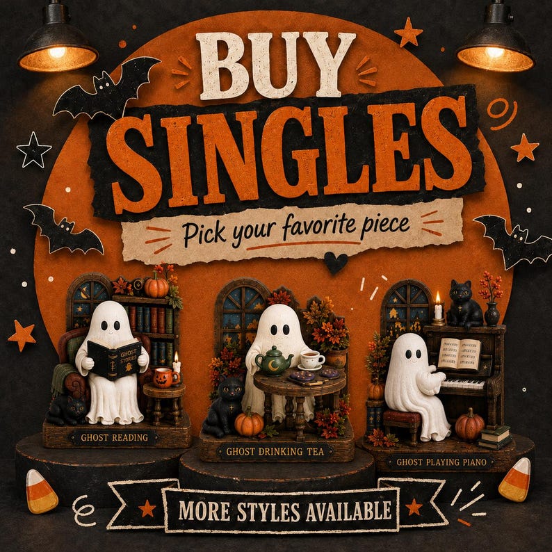 May include: A collection of three miniature ghost figurines on display. One ghost reads a book, another drinks tea, and the third plays a piano. The background features a large orange circle with the text BUY SINGLES and Pick your favorite piece.