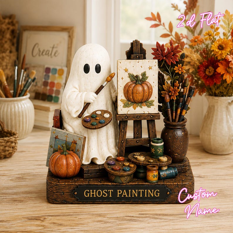 May include: A decorative figurine featuring a white ghost holding a paintbrush and palette, standing before an easel with a pumpkin painting. The base is labeled GHOST PAINTING and includes miniature art supplies, a pumpkin, and a vase of flowers.