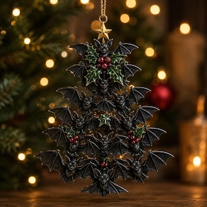 Op de afbeelding: Een donker metalen kerstboomornament in de vorm van een piramide van vleermuizen met gespreide vleugels. Het ornament bevat groene hulstbladeren en trossen rode bessen tussen de vleermuizen, bekroond met een kleine goudkleurige ster.
