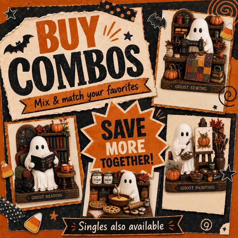 May include: A promotional graphic featuring four Halloween-themed ghost figurines. The text reads BUY COMBOS, Mix & match your favorites, SAVE MORE TOGETHER!, and Singles also available. The figurines depict ghosts sewing, reading, painting, and baking.