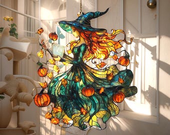 Pumpkin Witch Acrylic Suncatcher, Faux Stained Glass Halloween Window Hanging, Fantasy Autumn Decor Gift For Her Or Book Lovers