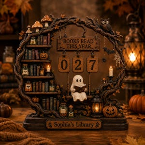 K&ouml;nnte beinhalten: Ein dekoratives B&uuml;cherregal aus Holz mit einem Geist auf einer Schaukel, Regalen mit Miniaturb&uuml;chern, Gl&auml;sern und K&uuml;rbissen sowie einem Schild mit der Aufschrift BOOKS READ THIS YEAR 027. Der Sockel tr&auml;gt die Gravur Sophia's Library.