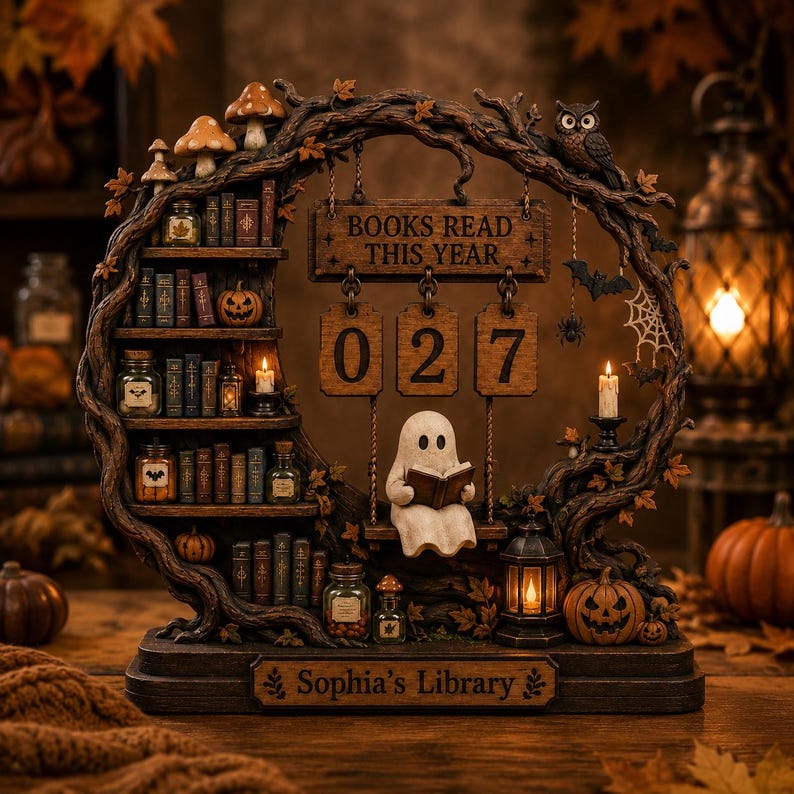 K&ouml;nnte beinhalten: Ein dekoratives B&uuml;cherregal aus Holz mit einem Geist auf einer Schaukel, Regalen mit Miniaturb&uuml;chern, Gl&auml;sern und K&uuml;rbissen sowie einem Schild mit der Aufschrift BOOKS READ THIS YEAR 027. Der Sockel tr&auml;gt die Gravur Sophia's Library.