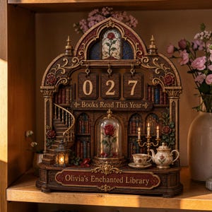 Op de afbeelding: Een decoratieve houten display in de vorm van een boekenplank met een roos onder een glazen stolp, een wenteltrap en een teller met "027 Boeken gelezen dit jaar". Het bevat een theekopje, een theepot en de tekst "Olivia's Enchanted Library".
