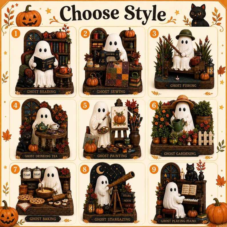 May include: A collection of nine miniature ghost figurines labeled Choose Style, featuring ghosts reading, sewing, fishing, drinking tea, painting, gardening, baking, stargazing, and playing piano, each with detailed autumn-themed accessories.