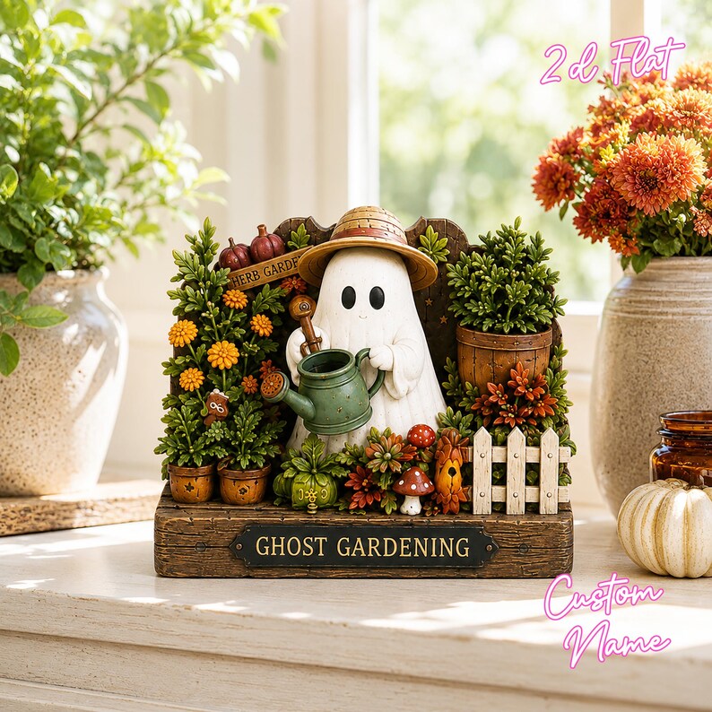 May include: A decorative tabletop figurine featuring a white ghost wearing a straw hat and holding a green watering can. The scene includes potted orange flowers, a small white fence, mushrooms, and a sign that reads GHOST GARDENING.