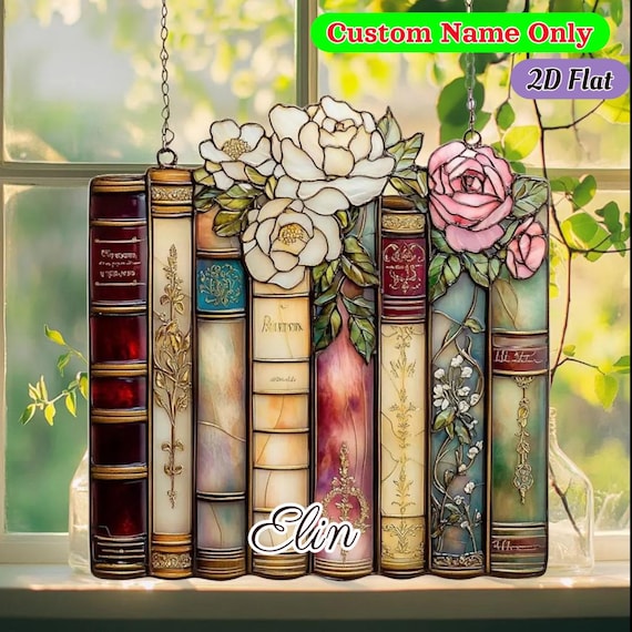 Romantic Floral Book Stack Faux Stained Glass Acrylic Suncatcher For Readers Vintage Window Decor Gift For Her