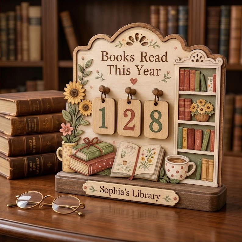 May include: Wooden bookshelf-themed desk decor with the text "Books Read This Year" and the numbers "128". The decor includes a miniature bookshelf, books, flowers, and a coffee cup. The base reads "Sophia's Library".