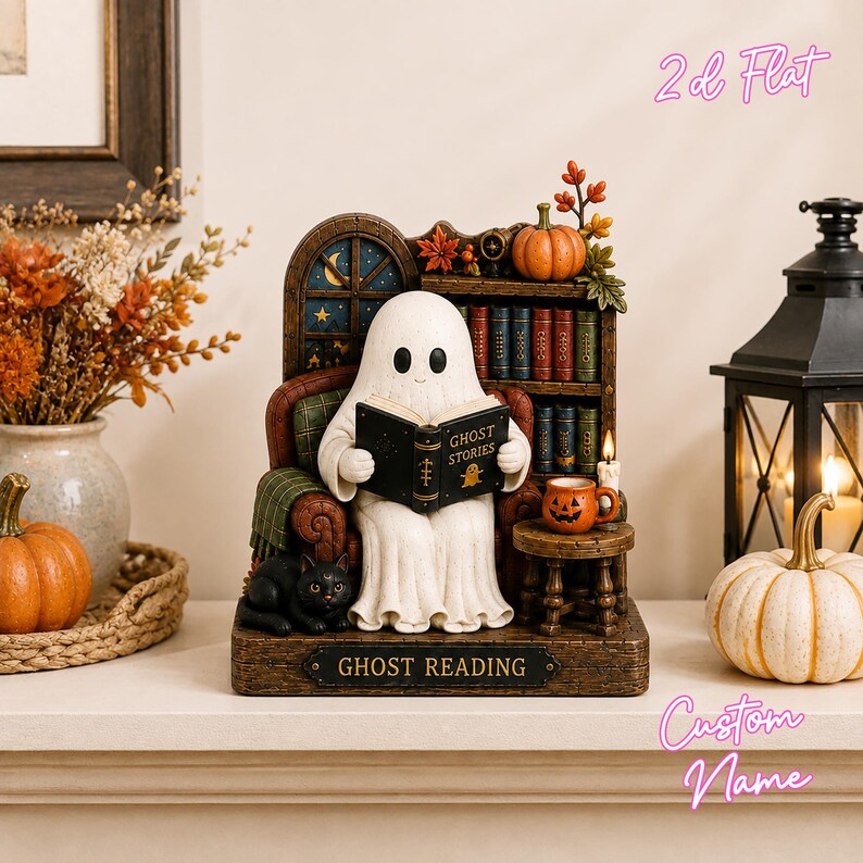 May include: A decorative figurine featuring a white ghost sitting in a brown armchair, reading a book titled GHOST STORIES. A black cat rests at the base, next to a bookshelf, a small pumpkin, a jack-o'-lantern mug, and a plaque reading GHOST READING.