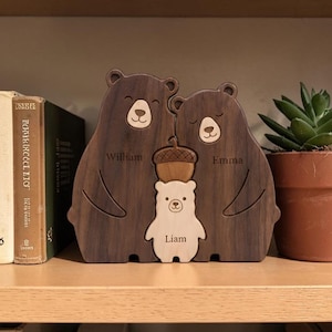 Personalisierte Bärenfamilie Holzpuzzle, individueller Name Waldandenken, rustikale Wohnkultur
