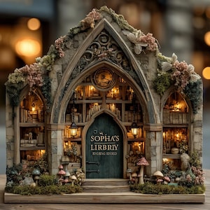 May include: A miniature stone-textured library book nook featuring a central arched door with the text SOPHA'S LIRBRIY BOOKING BOKRID, a clock above the door, illuminated interior bookshelves, hanging lanterns, and mossy accents with small mushrooms.