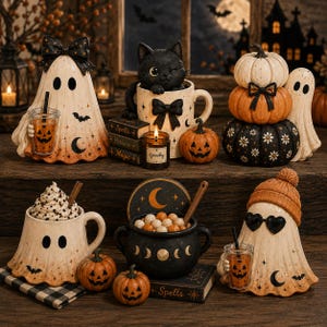 Könnte beinhalten: Eine Sammlung von Halloween-Figuren, darunter Geister mit Kürbis-Getränken, eine schwarze Katze in einer Tasse, gestapelte Kürbisse, ein Kessel mit Mondphasen und Bücher mit der Aufschrift Spells, Potions und Magic in Orange, Schwarz und Creme.