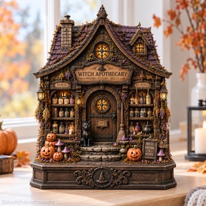 Può includere: Un dettagliato edificio in miniatura di una bottega di strega con tetto viola, finestre illuminate e porta in legno. La facciata presenta insegne con scritto Witch Apothecary, Herbs, Elixirs e Magic Natural & Mystic, con zucche e un gatto nero.