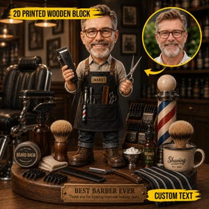 Personalized Barber Caricature Wooden Block, Custom Hairdresser Gift, Barbershop Decor