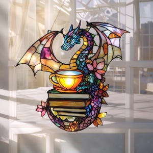 Fantasy Dragon Faux Stained Glass Acrylic  Suncatcher With Tea And Books – Cozy Window Hanging Gift For Book Lovers