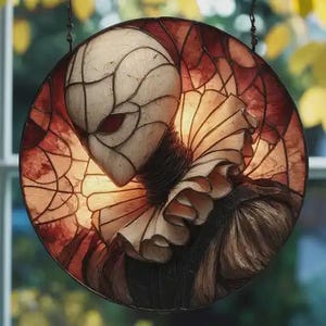 Gothic Clown Faux Stained Glass Acrylic Suncatcher, Spooky Mask Halloween Window Hanging, Horror Home Decoration Gift