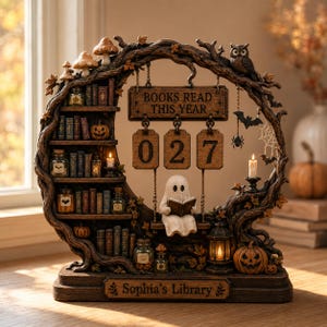 May include: A brown, tree-shaped wooden display with shelves holding miniature books, jars, and pumpkins. A ghost figure sits on a swing reading a book. A sign reads BOOKS READ THIS YEAR with the number 027. A base plate is engraved with Sophia's Library.