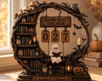 May include: A brown, tree-shaped wooden display with shelves holding miniature books, jars, and pumpkins. A ghost figure sits on a swing reading a book. A sign reads BOOKS READ THIS YEAR with the number 027. A base plate is engraved with Sophia's Library.