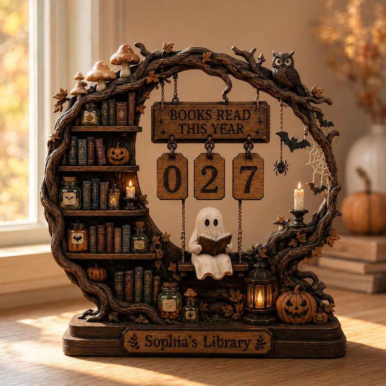 K&ouml;nnte beinhalten: Ein baumf&ouml;rmiges Holzdisplay mit Regalen f&uuml;r Miniaturb&uuml;cher, Gl&auml;ser und K&uuml;rbisse. Eine Geisterfigur sitzt auf einer Schaukel und liest. Ein Schild tr&auml;gt die Aufschrift BOOKS READ THIS YEAR mit der Zahl 027. Die Basis ist mit Sophia's Library graviert.
