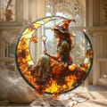 Autumn Witch Acrylic Suncatcher, Pumpkin Faux Stained Glass, Halloween Moon Window Hanging product logo