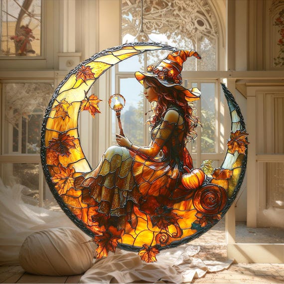 Autumn Witch Acrylic Suncatcher, Pumpkin Faux Stained Glass, Halloween Moon Window Hanging