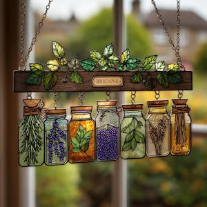 Acchiappasole personalizzato per vasi di erbe aromatiche – Decorazione botanica da appendere alla finestra con effetto finto vetro colorato