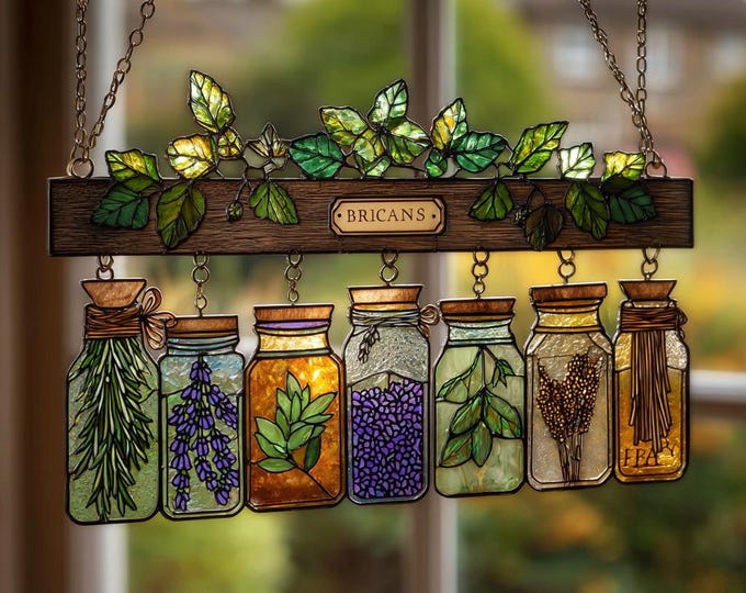 Custom Herb Jar Suncatcher – Faux Stained Glass Botanical Window Hanging
