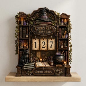 May include: A decorative wooden bookshelf display featuring the text 'BOOKS READ THIS YEAR' above three hanging number cards showing 127. The structure includes a black cat, a cauldron labeled 'WITCHS BREW', books, candles, and 'Sophia Library' text.