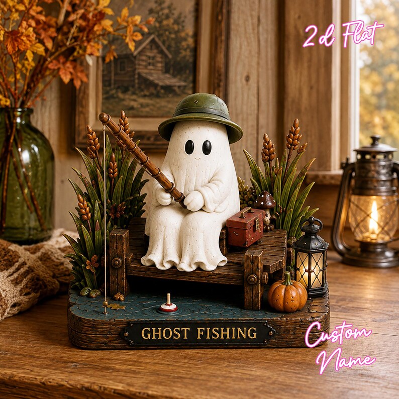 May include: A decorative figurine of a white ghost wearing a green hat, sitting on a wooden bench while holding a fishing rod. The base features a dark blue water surface, a small pumpkin, a lantern, and a plaque with the text GHOST FISHING.