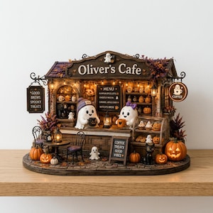Op de afbeelding: Een miniatuur Oliver's Cafe met twee spookfiguren, één met een blauwe muts en één met een paarse strik, die mokken vasthouden. Het café bevat een menubord, een gebaksvitrine, een zwarte kat, pompoenen en hangende uithangborden.