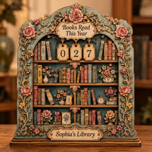 以下が含まれることがあります： Books Read This YearおよびSophia's Libraryという文字が刻まれた装飾的な本棚のディスプレイ。フレームは青緑色で、ピンクの花の彫刻が施されています。3段の棚にはミニチュアの本、花瓶、時計が並び、027と表示されたカウンターが吊り下げられています。