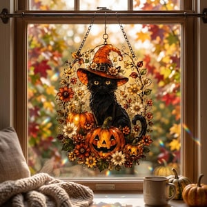 Op de afbeelding: Een glas-in-lood raamhanger met een zwarte kat die een oranje heksenhoed draagt, omringd door een krans van herfstbloemen en pompoenen. Het ovale object hangt aan een metalen ketting tegen een wazige achtergrond van herfstbladeren.