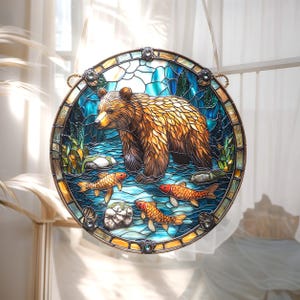 Acchiappasole in vetro colorato finto orso grizzly - Arte per finestre con fiume e foresta - Regalo per amanti della natura selvaggia e della vita all'aria aperta