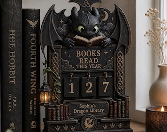 Personalisierte wunderliche Drache Book Tracker aus Holz | Fantasy Bücherregal Dekor | Einzigartiges Geschenk für Buchliebhaber