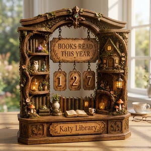 Może przedstawiać: Drewniany stojak w kształcie regału z napisem BOOKS READ THIS YEAR oraz liczbą 127, posiadający centralny łuk, miniaturowe półki z książkami, sowę, małe butelki, domek, grzyby oraz napis Katy Library umieszczony na podstawie.