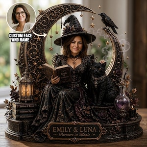 May include: A decorative figurine featuring a person in a witch hat holding a Book of Shadows, seated before a large crescent moon. A black cat sits beside them, with a raven perched above. The base displays the text EMILY & LUNA Partners in Magic.